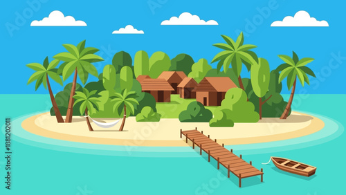 Tropical island getaway with wooden huts and palm trees.