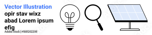 Renewable energy, innovation, technology, sustainability, eco research, energy efficiency. Features a magnifying glass, light bulb and solar panel. Renewable energy and innovation concept