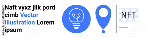 Innovation, navigation, NFT marketplace, blockchain, digital assets, creativity. Blue light bulb, location pin and NFT document on a white background. Innovation and NFT marketplace concepts