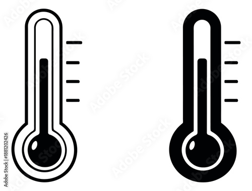 Minimalist thermometer icon set featuring outline and solid fill designs for measuring temperature