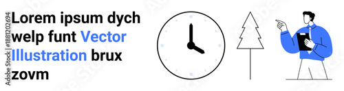 Time management, environmental awareness, productivity tips, scheduling, organization, abstract concepts. Minimalistic clock, tree outline and person holding a clipboard. Time management