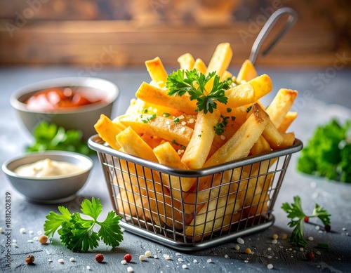 Wallpaper Mural Crispy Golden French Fries Served in Metal Basket with Dipping Sauces Torontodigital.ca