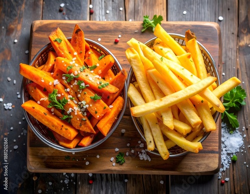 Wallpaper Mural Crispy Sweet Potato and Golden French Fries Served on a Rustic Board Torontodigital.ca