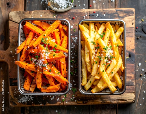 Wallpaper Mural Elevated View of Vibrant Sweet Potato and Golden French Fries on a Rustic Wooden Board Torontodigital.ca