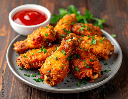 Wallpaper Mural Crispy Fried Chicken Wings with Parsley and Ketchup on Wooden Table Torontodigital.ca