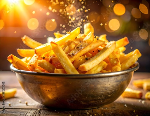 Wallpaper Mural Golden Crispy French Fries Dynamically Falling into Rustic Metal Bowl Torontodigital.ca