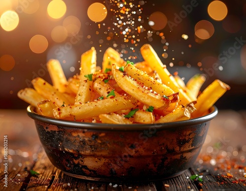 Wallpaper Mural Golden Crispy French Fries in Rustic Bowl with Falling Spices and Bokeh Torontodigital.ca