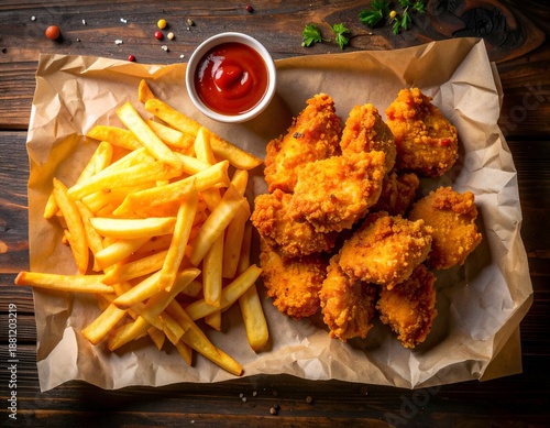 Wallpaper Mural Golden French Fries and Crispy Chicken Nuggets Served on a Wooden Table Torontodigital.ca