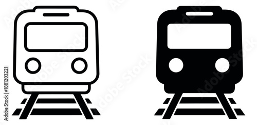 Line art and solid train icon set featuring front view of a locomotive on tracks for transportation and travel applications