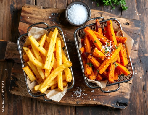 Wallpaper Mural Golden French Fries and Vibrant Sweet Potato Fries Served in Baskets Torontodigital.ca