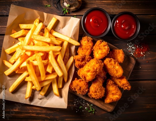 Wallpaper Mural Golden French Fries and Chicken Nuggets with Ketchup on Wooden Table Torontodigital.ca