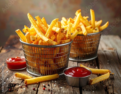 Wallpaper Mural Golden French Fries in Metal Baskets with Ketchup and Spices on Rustic Wood Torontodigital.ca