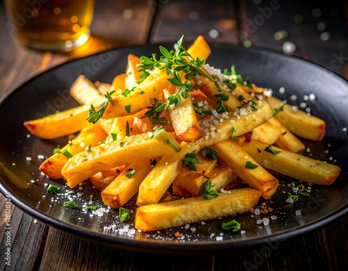 Wallpaper Mural Golden French Fries with Sea Salt and Fresh Herbs on a Dark Plate Torontodigital.ca
