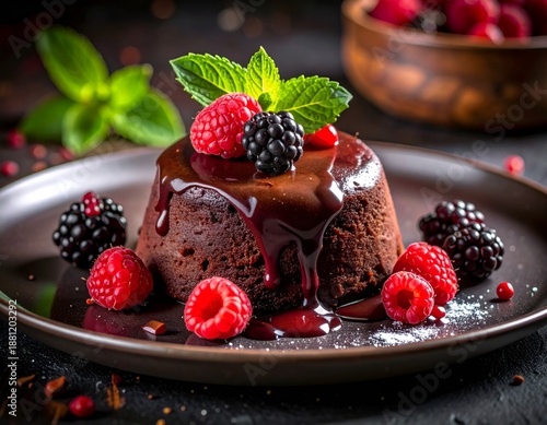 Wallpaper Mural Gourmet Chocolate Lava Cake with Molten Interior, Fresh Berries, and Mint Torontodigital.ca