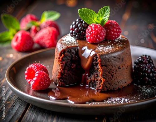 Wallpaper Mural Gourmet Chocolate Lava Cake with Berries and Mint on Rustic Plate Torontodigital.ca