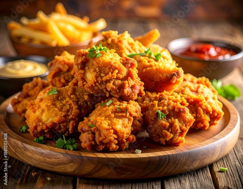 Wallpaper Mural Appetizing Fried Chicken Pieces with Fries and Sauces on Wooden Table Torontodigital.ca