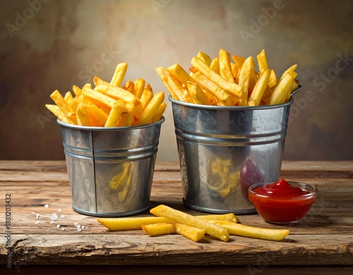 Wallpaper Mural Appetizing Golden French Fries in Two Metal Buckets on Wooden Table Torontodigital.ca