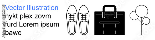 Business, work essentials, minimalism, travel, celebration, organization. Black and white shoes, briefcase and balloons. Business and work essentials concepts