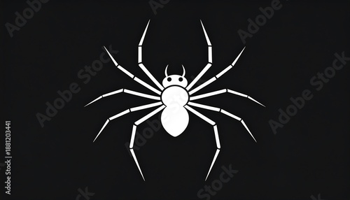 Minimalist white spider with eight legs centered on a stark black background, with simple, clean geometric shapes