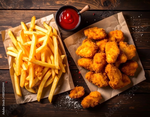 Wallpaper Mural Appetizing Golden French Fries and Crispy Chicken Nuggets on Wood Torontodigital.ca