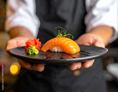 Wallpaper Mural Chef Presenting Elegant Salmon Nigiri with Wasabi and Pickled Ginger Torontodigital.ca