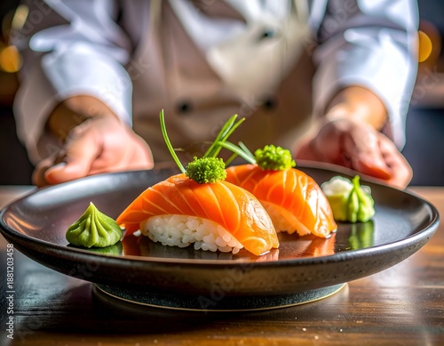 Wallpaper Mural Chef Presents Two Elegant Salmon Nigiri Pieces on a Dark Ceramic Plate Torontodigital.ca