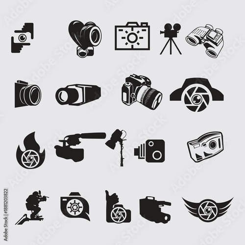 Collection Of Photography And Media Icons For Stock Use: Cameras, Lenses, Lighting, And Filmmaking

