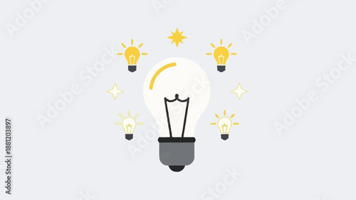 Creative idea generation and inspiration symbolized by a glowing lightbulb surrounded by smaller bulbs.