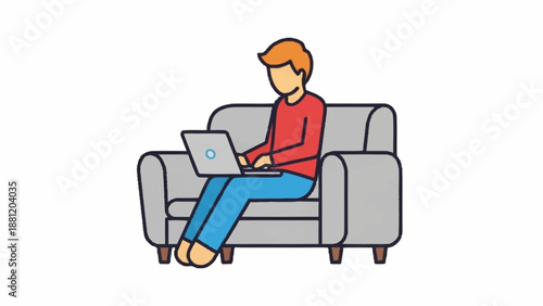 Man sitting on sofa using laptop computer relaxed.