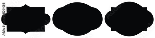 Set of vintage black labels and ornate frames. Decorative badge shapes for product packaging, branding, and logo design. Vector blank stickers, price