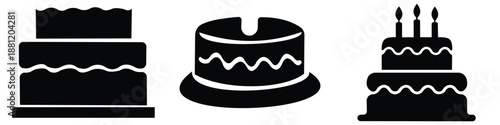 Transparent PNG available
Birthday cake icon set with three variations: solid black, thin outline, and flat color. 