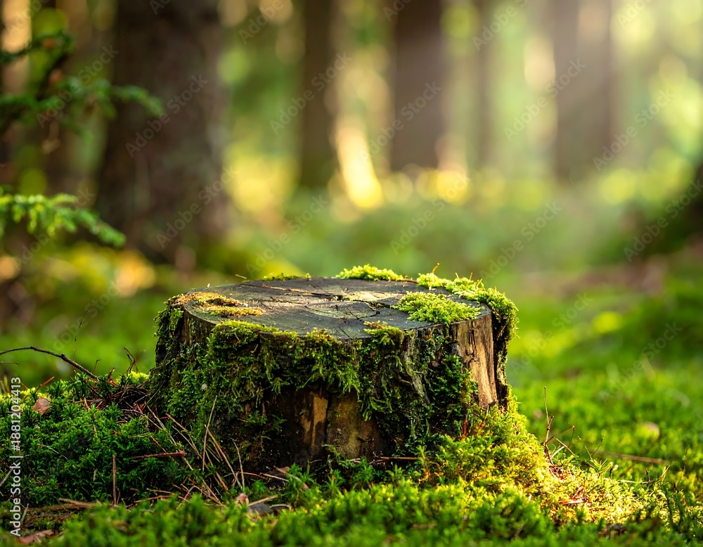 Obraz premium Mossy stump in forest clearing bathed in sunlight, surrounded by green foliage and tree trunks, blurred backdrop