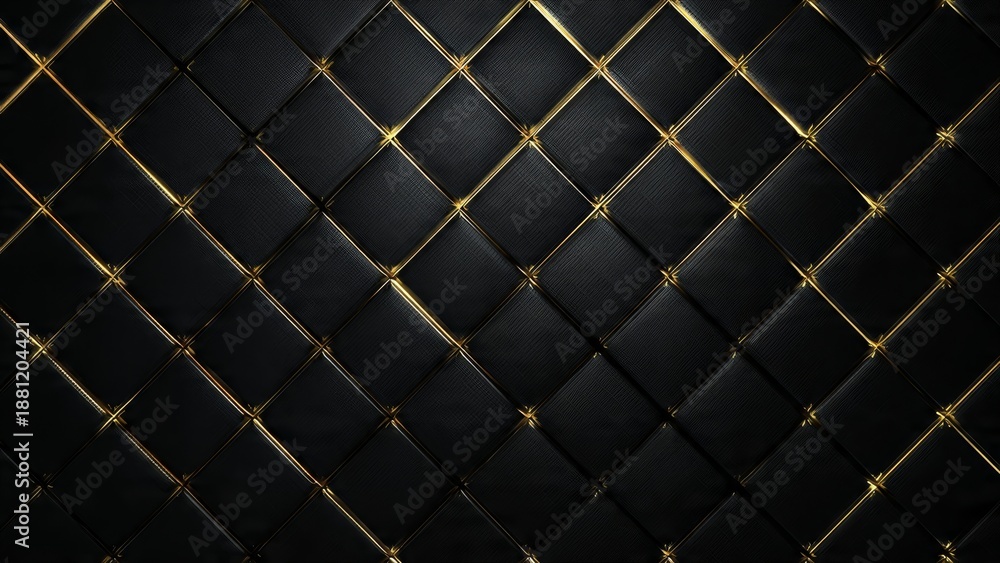 Naklejka premium Black quilted leather texture with gold stitching creating a diamond pattern, luxurious and elegant background