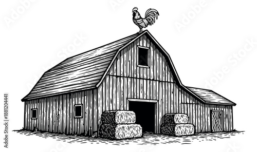 Hand drawn line art illustration of a farm barn depicting a rooster perched on its roof and hay bales for rural life concepts