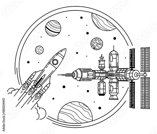 Line art illustration of a rocket and space station depicting space exploration for science education
