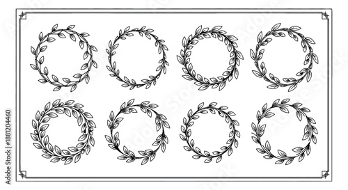 Hand drawn line art botanical wreath frames set featuring leaves and decorative circular borders for various design projects