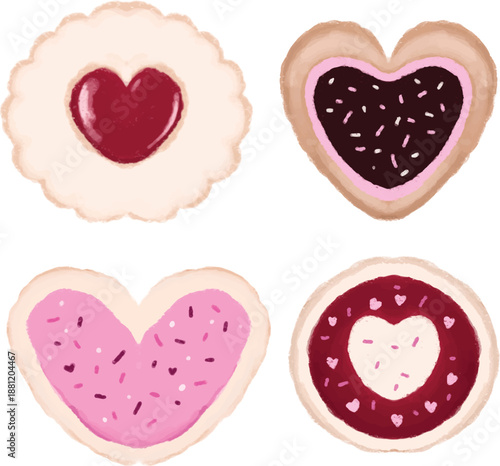 A charming collection of four heart-shaped and round cookies, decorated with icing and colorful sprinkles, perfect for celebrations and sweet treats