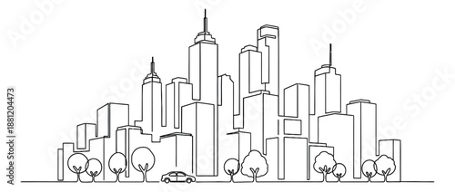 Continuous line art illustration of a cityscape depicting modern architecture for urban development concepts