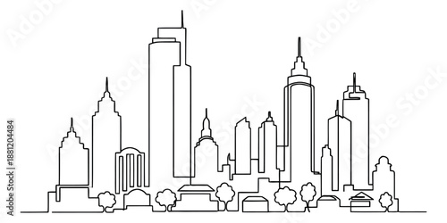Continuous line art illustration of a city skyline depicting an urban landscape for architecture and travel