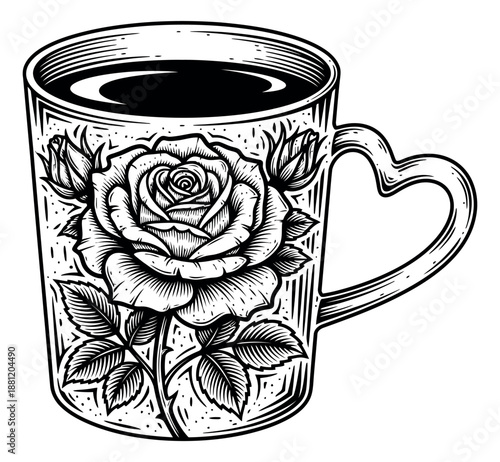 Vintage line art illustration of a coffee mug with a heart handle depicting a detailed rose design for a romantic beverage