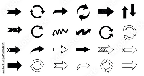 Clean line art and solid arrow icon set featuring navigation and refresh symbols for user interface design
