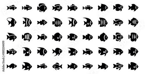 Solid silhouette fish icon set featuring various aquatic animals for marine themes