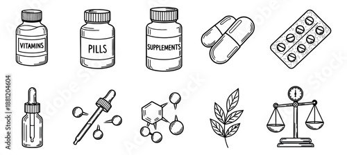 Hand drawn line art medical and science icon set featuring pharmaceutical products and research elements for healthcare and wellness