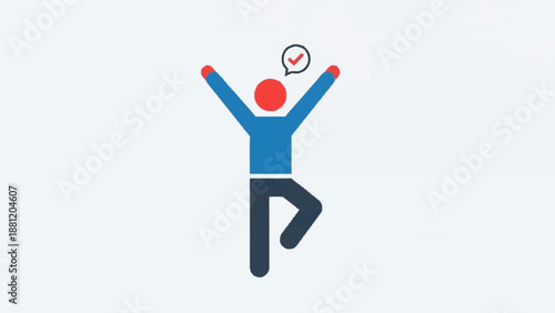 Man celebrating success with raised arms and checkmark.