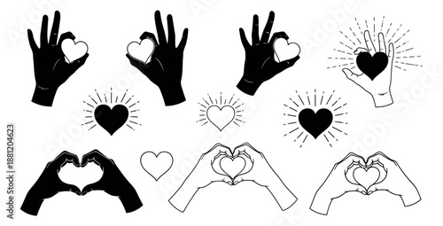 Hand drawn and line art hand and heart set featuring hands holding and forming heart shapes with radiating symbols for love and care concepts
