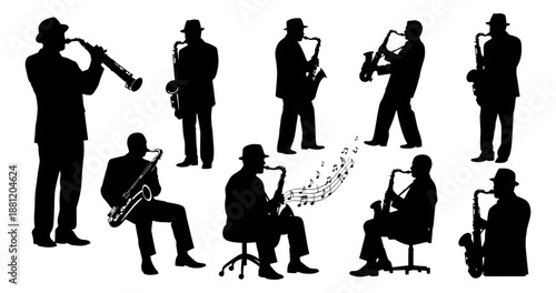 Silhouette saxophone player set featuring men playing various saxophones for music and jazz performances