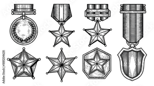 Hand drawn line art awards set featuring military medals and star badges for honor and recognition