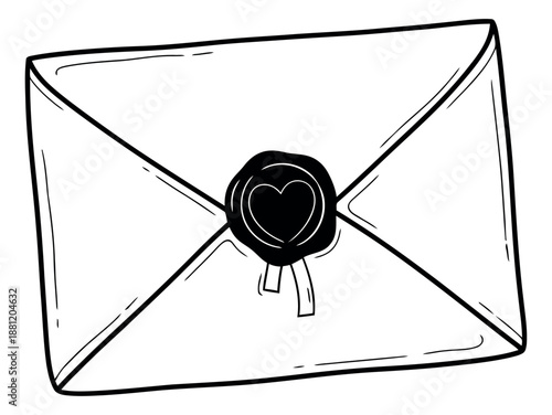 Hand drawn line art illustration of an envelope depicting a wax seal with a heart for romantic correspondence