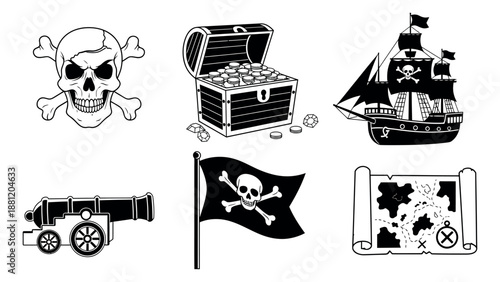 Line art pirate icon set featuring a skull and crossbones, treasure chest, ship, and map for adventure designs
