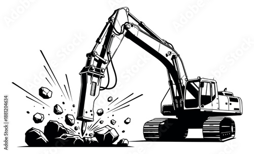 Line art illustration of an excavator depicting breaking rocks for construction
